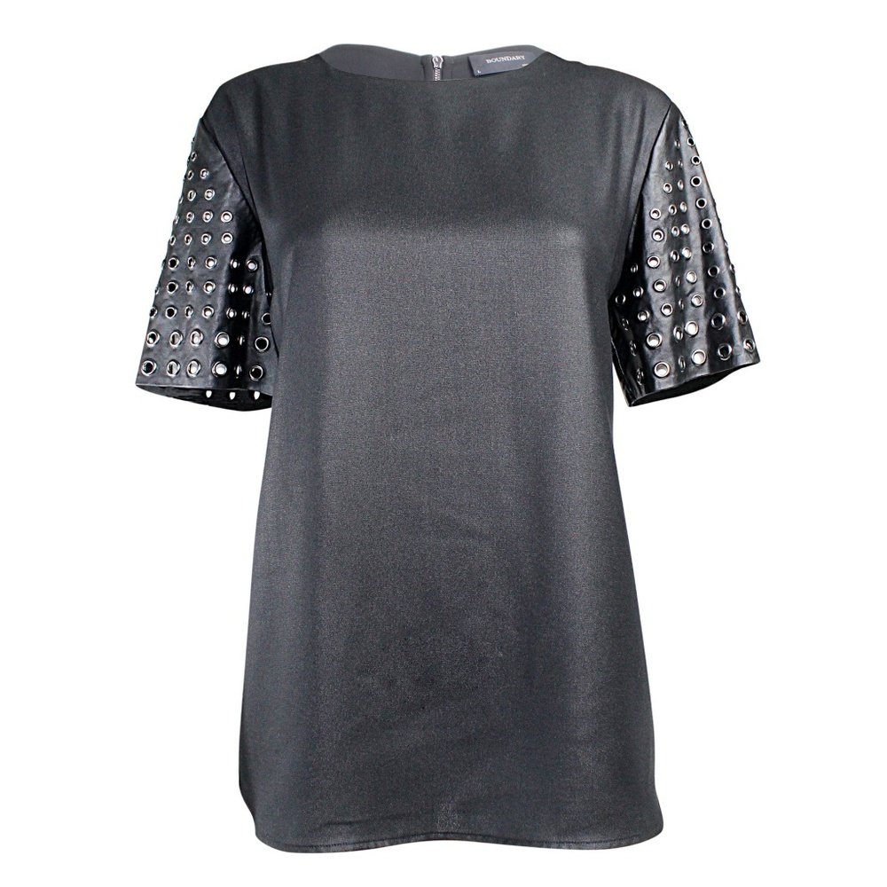 Black Tee with Leather Sleeves & Grommet Details